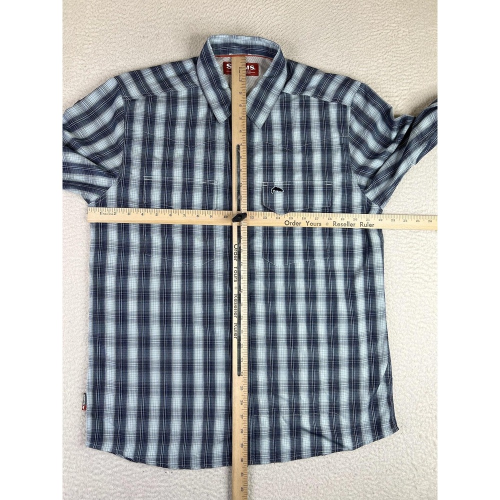 Simms Shirt Mens Medium Blue Plaid Long Sleeve Pearl Snap Fishing Outdoor Casual - Picture 8 of 9